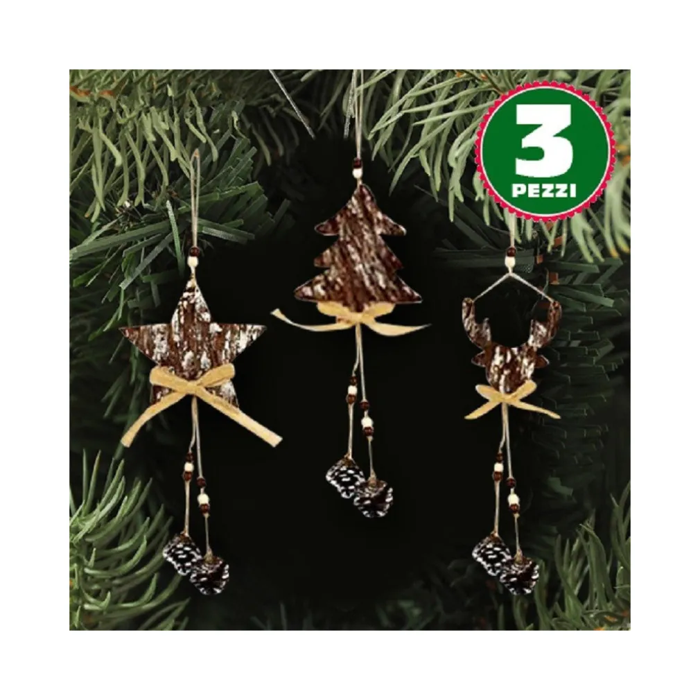 3 APPENDINI NATALE CORTECCIA LEGNO CON PIGNE FIOCCO STELLA ALBERO ALCE