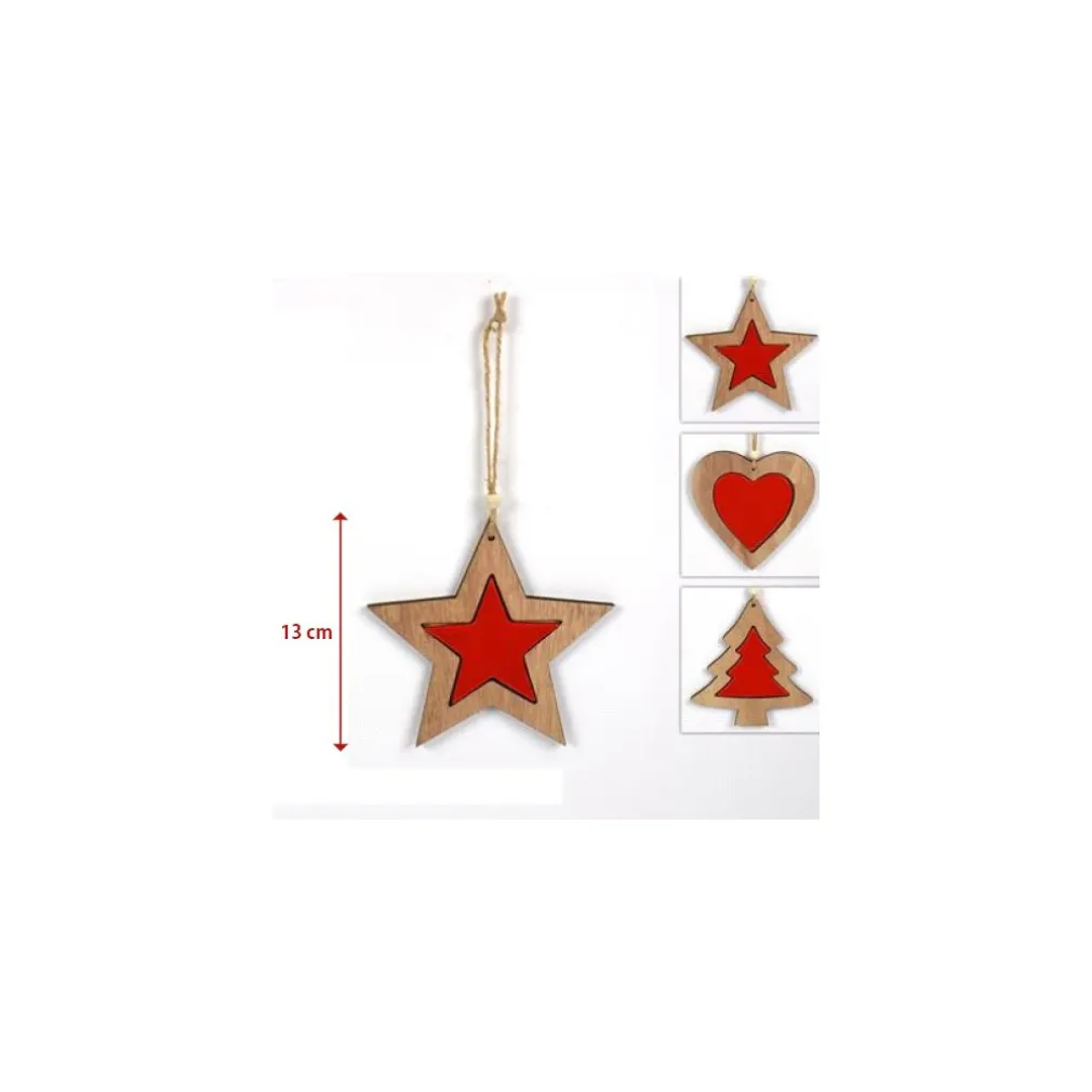 3 APPENDINI NATALE IN LEGNO STELLA ALBERO CUORE ROSSO DECORAZIONI NATALIZIE