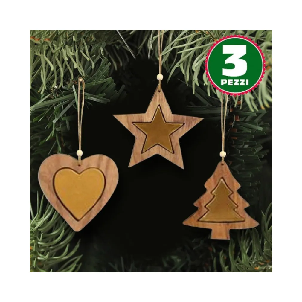 3 APPENDINI NATALE IN LEGNO STELLA ALBERO CUORE ORO DECORAZIONI NATALIZIE