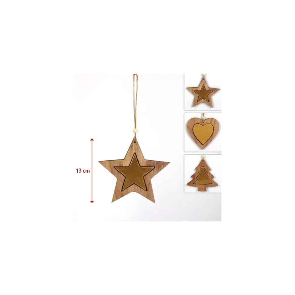 3 APPENDINI NATALE IN LEGNO STELLA ALBERO CUORE ORO DECORAZIONI NATALIZIE