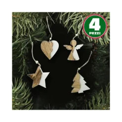 4 APPENDINI NATALE IN LEGNO OVATTA FORMA STELLA ALBERO ANGELO CUORE 11CM BIANCO