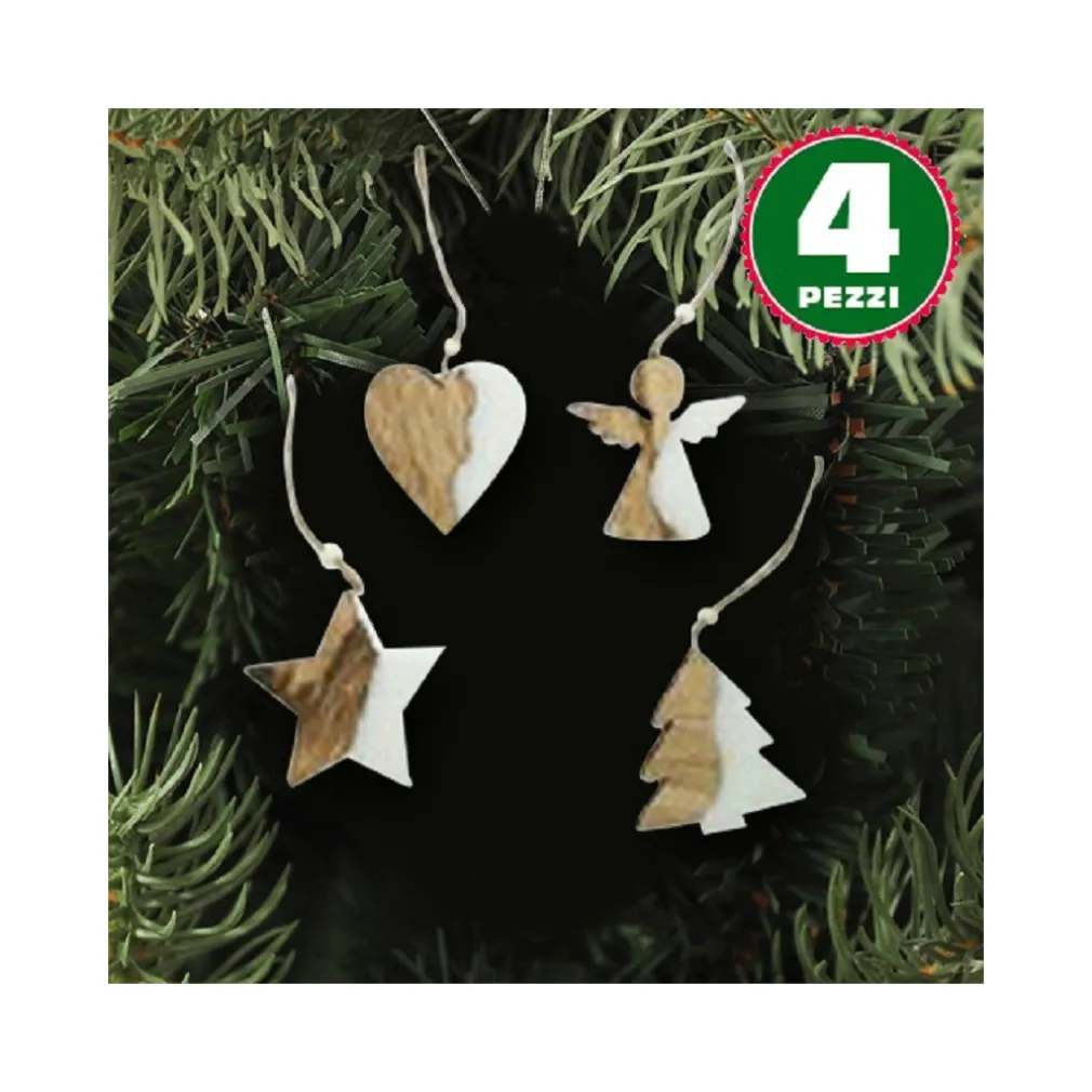 4 APPENDINI NATALE IN LEGNO OVATTA FORMA STELLA ALBERO ANGELO CUORE 11CM BIANCO