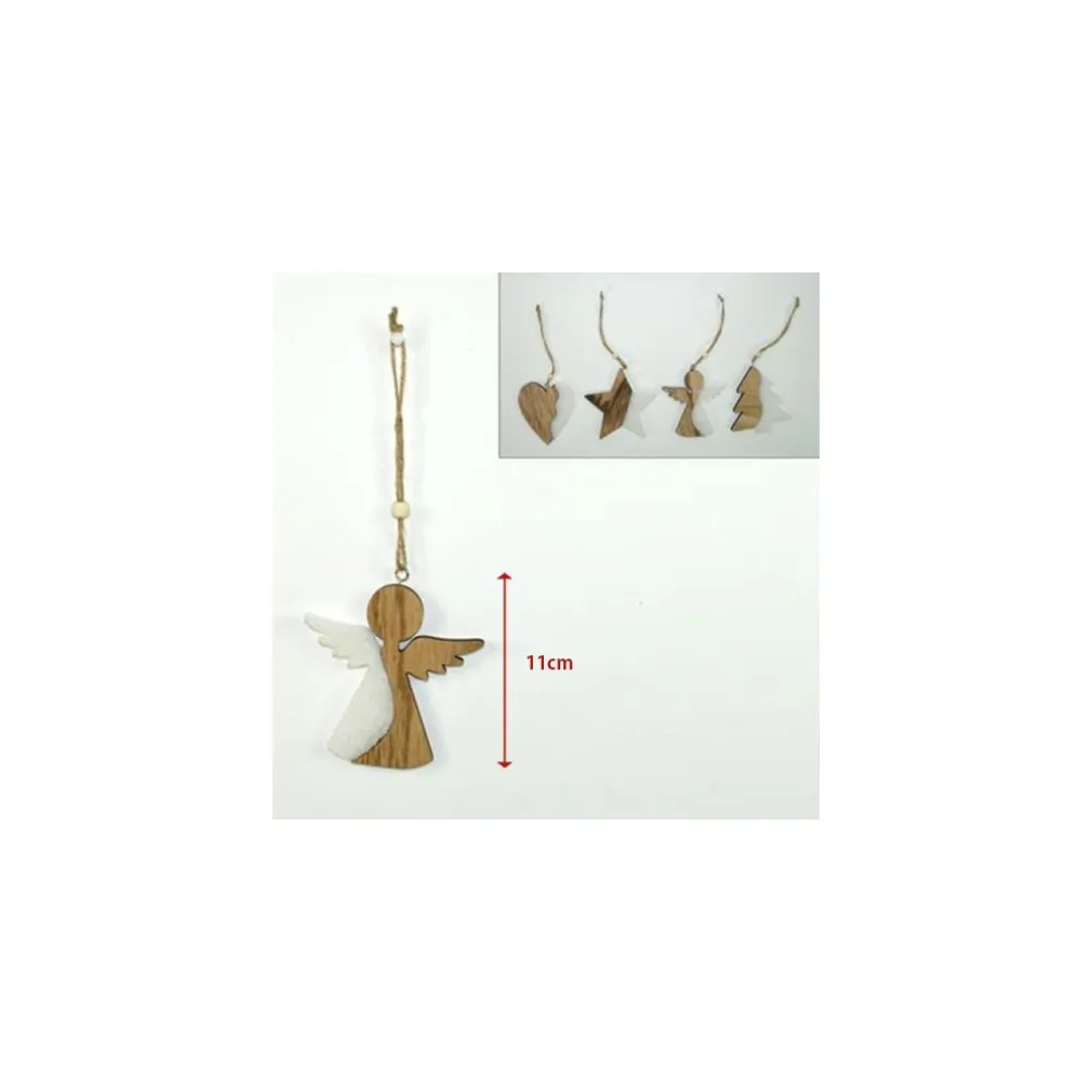 4 APPENDINI NATALE IN LEGNO OVATTA FORMA STELLA ALBERO ANGELO CUORE 11CM BIANCO