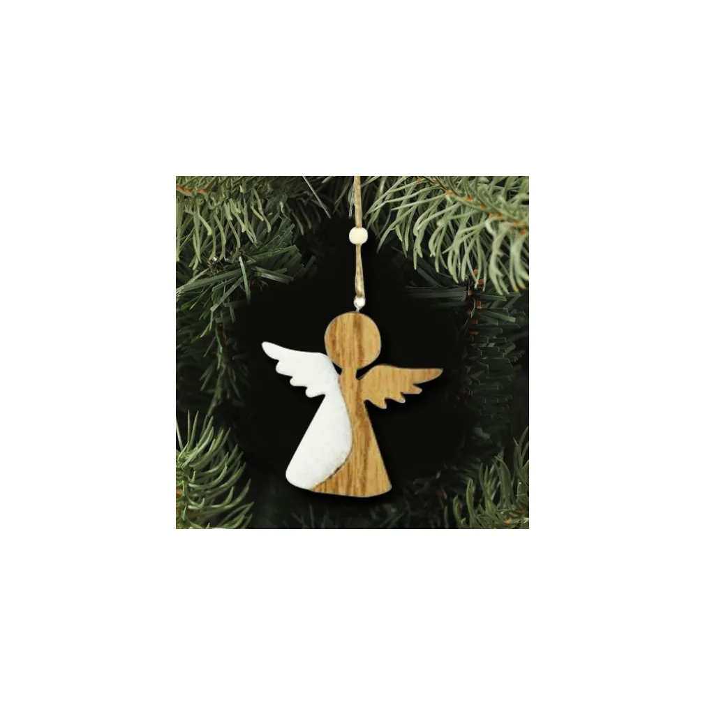 4 APPENDINI NATALE IN LEGNO OVATTA FORMA STELLA ALBERO ANGELO CUORE 11CM BIANCO