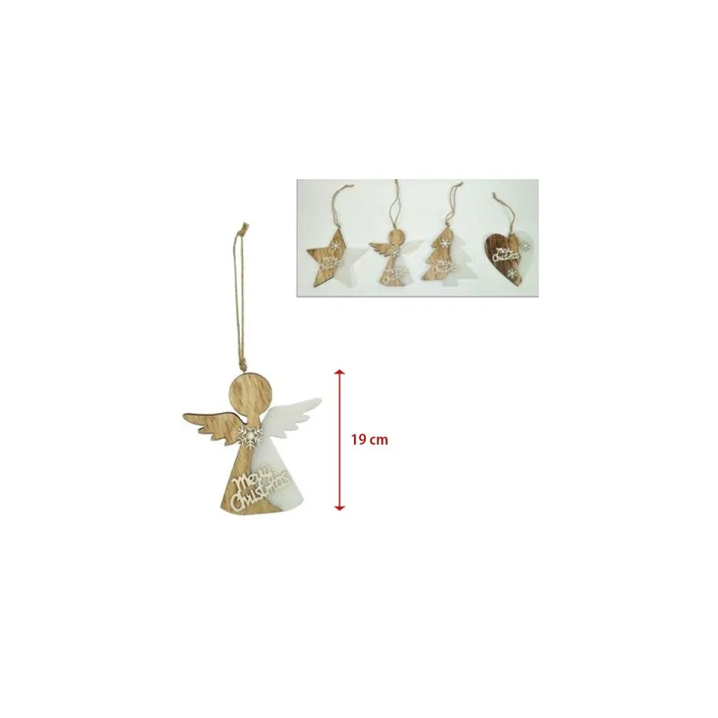 4 APPENDINI NATALE IN LEGNO OVATTA FORMA STELLA ALBERO ANGELO CUORE CON SCRITTA MERRY CHRISTMAS