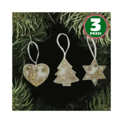 3 APPENDINI NATALE IN LEGNO E OVATTA FORMA STELLA ALBERO CUORE CON SCENARIO 16CM