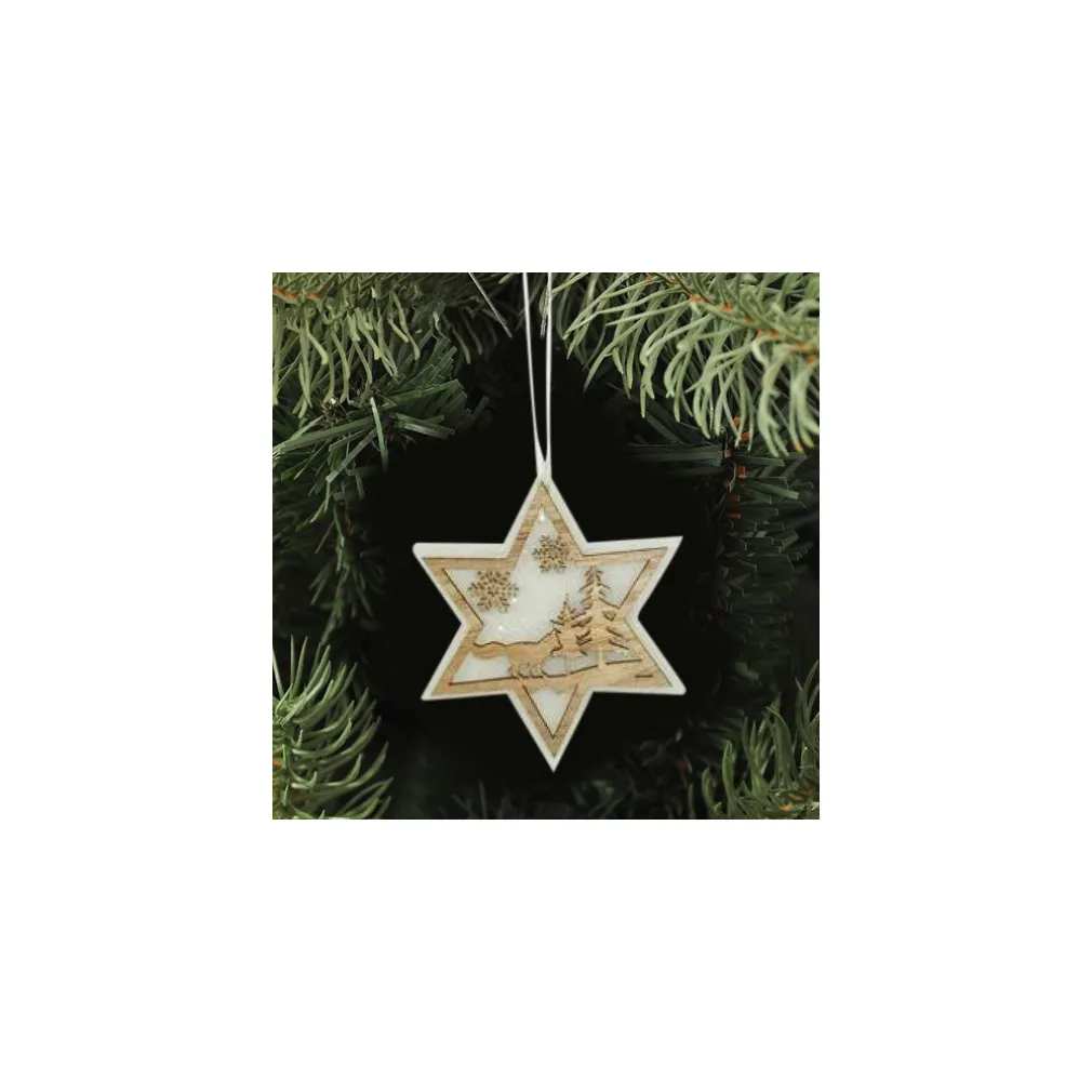 3 APPENDINI NATALE IN LEGNO E OVATTA FORMA STELLA ALBERO CUORE CON SCENARIO 16CM