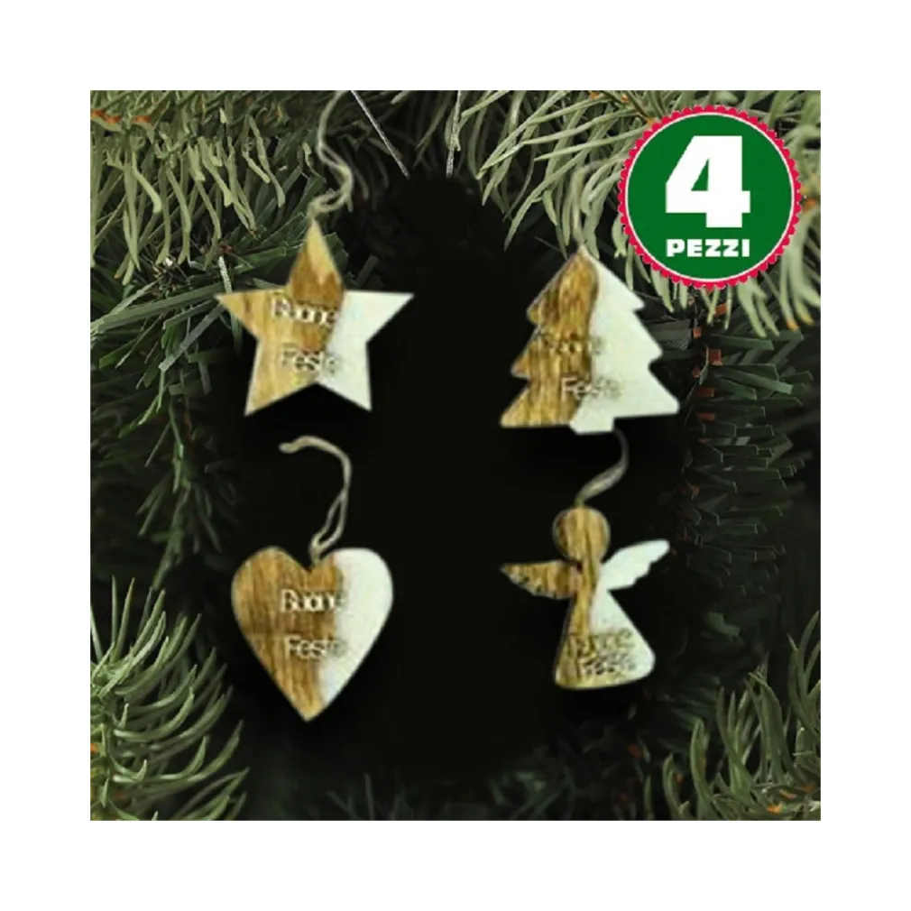 4 APPENDINI NATALE LEGNO OVATTA FORMA STELLA ALBERO ANGELO CUORE CON SCRITTA BUONE FESTE