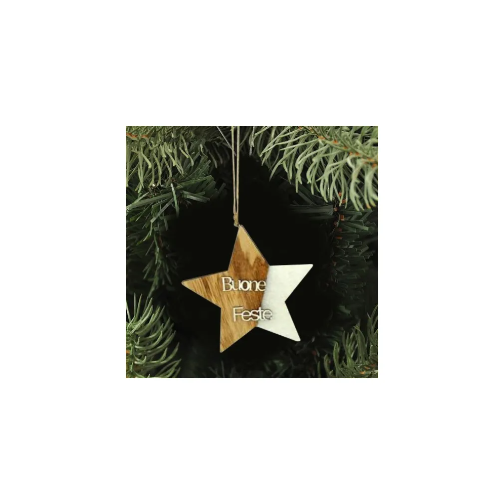 4 APPENDINI NATALE LEGNO OVATTA FORMA STELLA ALBERO ANGELO CUORE CON SCRITTA BUONE FESTE