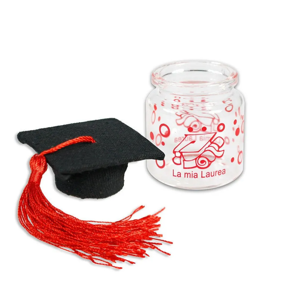 12 BARATTOLI IN VETRO CON TAPPO IN SUGHERO BOMBONIERA LAUREA TOCCO ROSSO