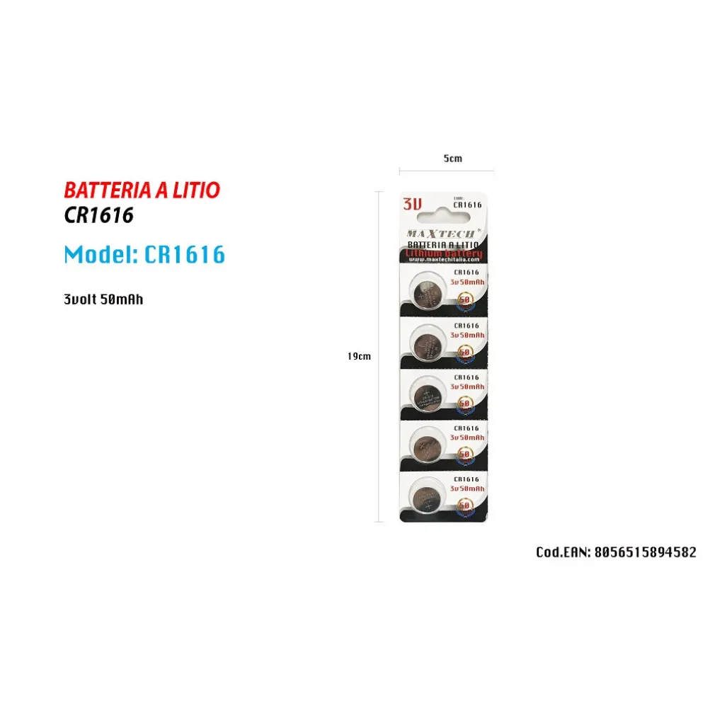 5 BATTERIE CR1616 3V PILE A BOTTONE PER OROLOGI TELECOMANDI APPARECCHI MAXTECH