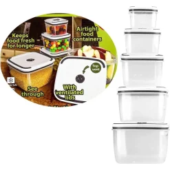 5 CONTENITORI ALIMENTI IN PLASTICA CON COPERCHIO VENTILATO MICROONDE IMPILABILE