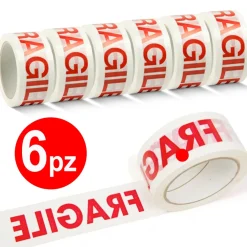 6 NASTRO ADESIVO PER IMBALLAGGIO CHIUSURA SCATOLI 48MM X 132MT SCRITTA FRAGILE