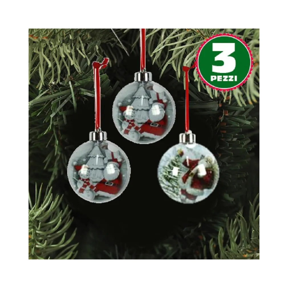 3 PALLINE NATALIZIE TRASPARENTI CON STAMPA BABBO NATALE NASTRO COLORE ROSSO