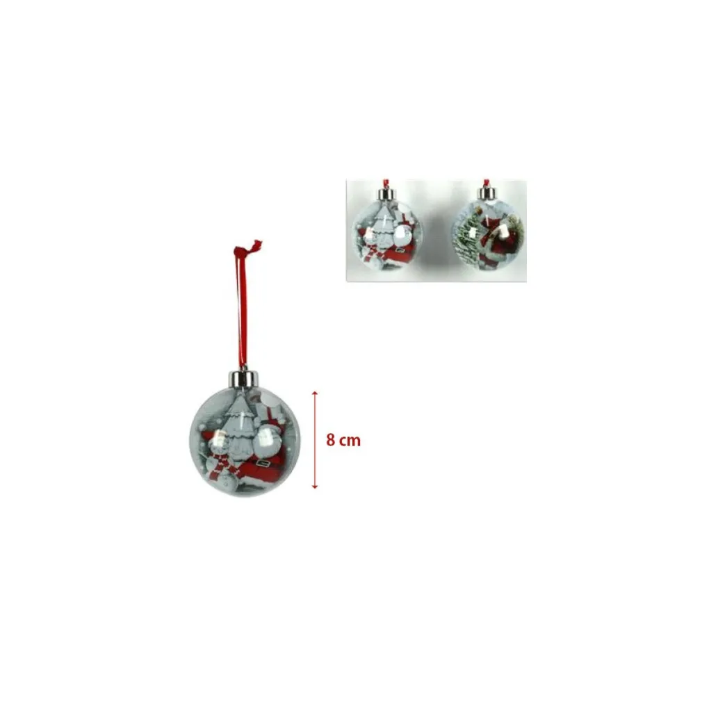 3 PALLINE NATALIZIE TRASPARENTI CON STAMPA BABBO NATALE NASTRO COLORE ROSSO