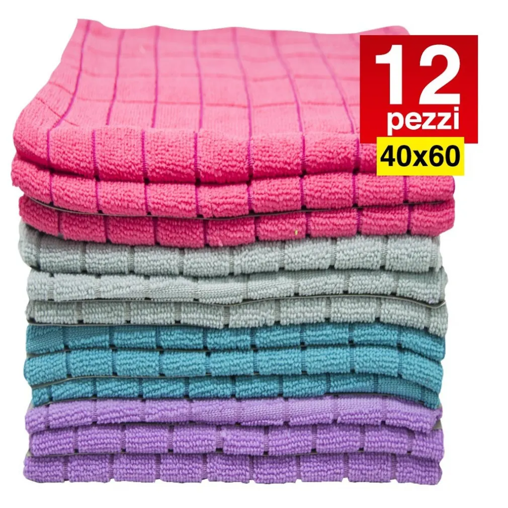 12 PANNI MICROFIBRA 40X60CM PANNO PULIZIA MULTIUSO LAVAGGIO AUTO ASCIUGAMANO