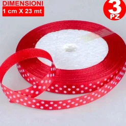 3 ROTOLI NASTRO ROSSO POIS BOMBONIERA ORGANZA RASO BOBINA DECORAZIONI DECOUPAGE
