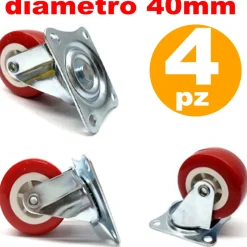 4 RUOTE IN GOMMA RICAMBIO PER CARRELLO MOBILI CON PIASTRA GIREVOLE ROSSO 40MM