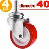 4 RUOTE IN GOMMA RICAMBIO PER CARRELLO MOBILI CON PERNO GIREVOLE ROSSO 40MM 4CM