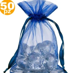 50 SACCHETTI BLU ORGANZA BOMBONIERA NASCITA MATRIMONIO COMPLEANNO RISO CONFETTI