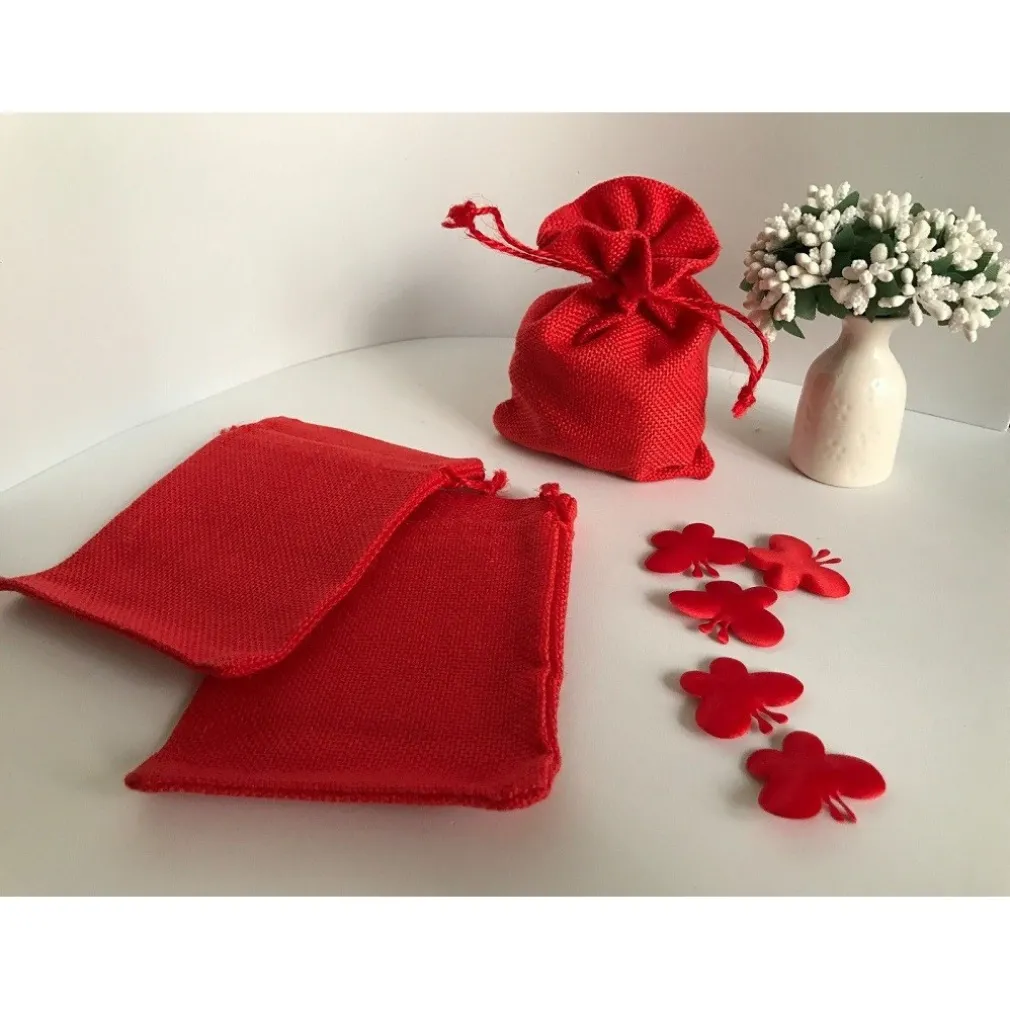 25 SACCHETTI DI JUTA ROSSI BOMBONIERE CONFETTI COMPLEANNI MATRIMONIO REGALI