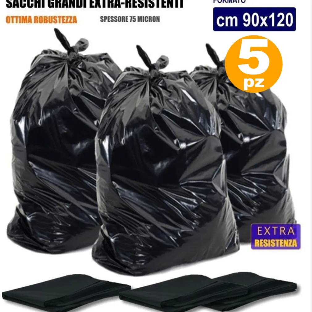 5 SACCHI SPAZZATURA SENZA MANIGLIE NERI 90 x 120 CM 150 LITRI SUPER RESISTENTI