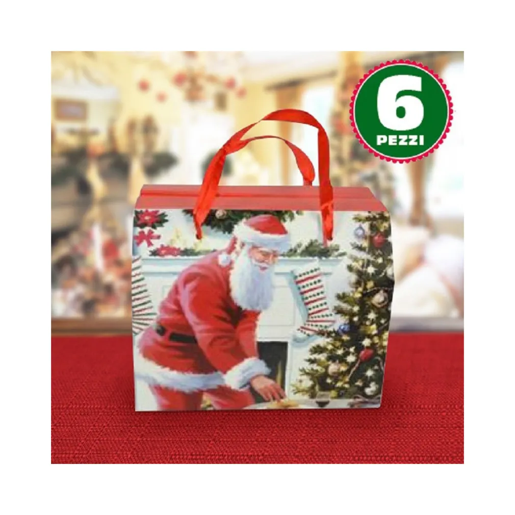 6 SCATOLE DA REGALO STAMPA BABBO NATALE CLASSICO MANICI ROSSI 13,5X11,5X16,5CM