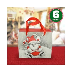 6 SCATOLE DA REGALO STAMPA BABBO NATALE MODERNO MANICI TESSUTO ROSSI 16X13X19CM