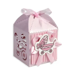 12 SCATOLINE PORTA CONFETTI BOMBONIERA NASCITA BATTESIMO BIMBA ROSA CARROZZINA