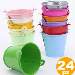 24 SECCHIELLI IN LATTA COLORATI PORTACONFETTI BOMBONIERA SEGNAPOSTO SEGNATAVOLO