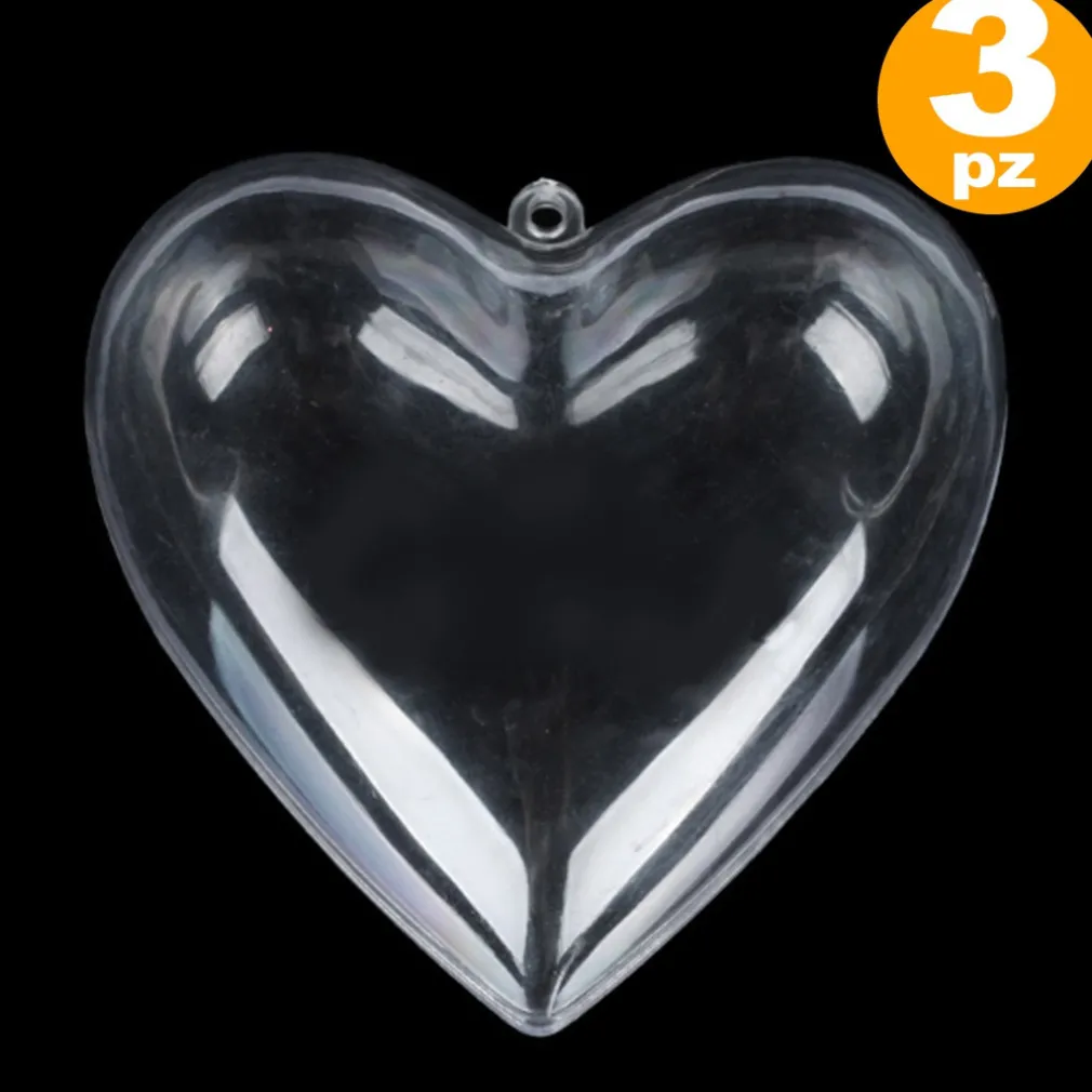 3 X CUORE IN PLASTICA TRASPARENTE APRIBILE DA RIEMPIRE DECORAZIONE NATALE 8 CM