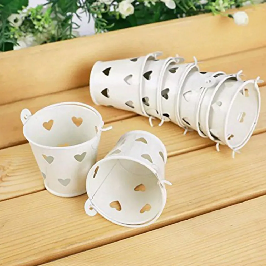 24 X SECCHIELLI BIANCHI CON CUORI IN LATTA VERNICIATA PORTACONFETTI BOMBONIERA