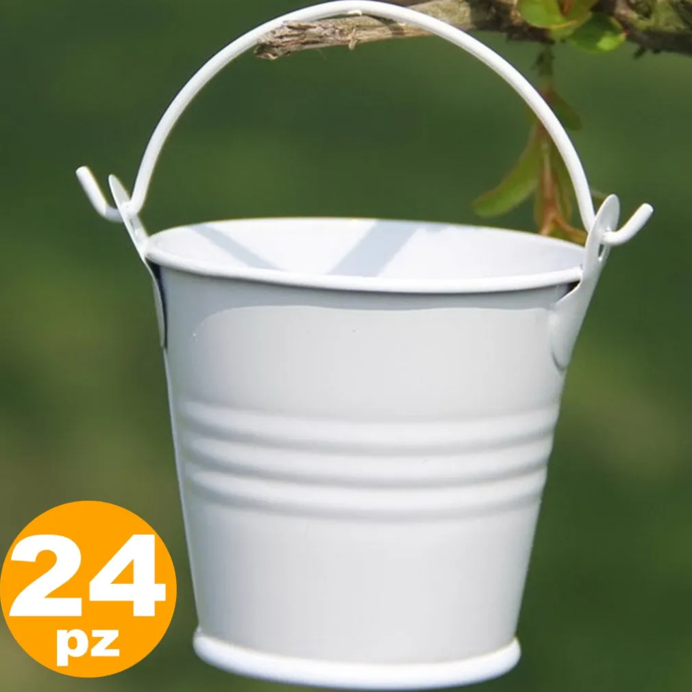 24 X SECCHIELLI BIANCHI IN LATTA VERNICIATA PORTACONFETTI BOMBONIERA BOMBONIERE