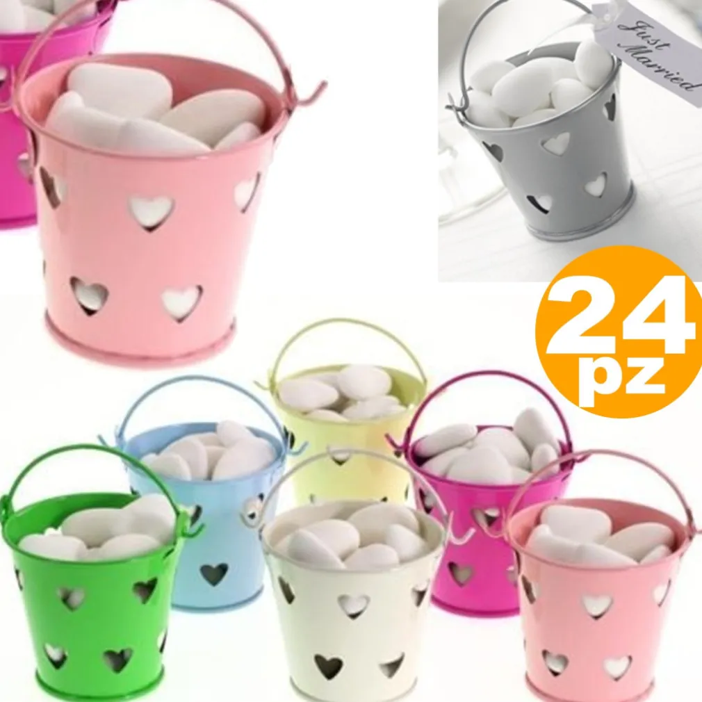24 X SECCHIELLI COLORATI CON CUORI IN LATTA VERNICIATA PORTACONFETTI BOMBONIERA