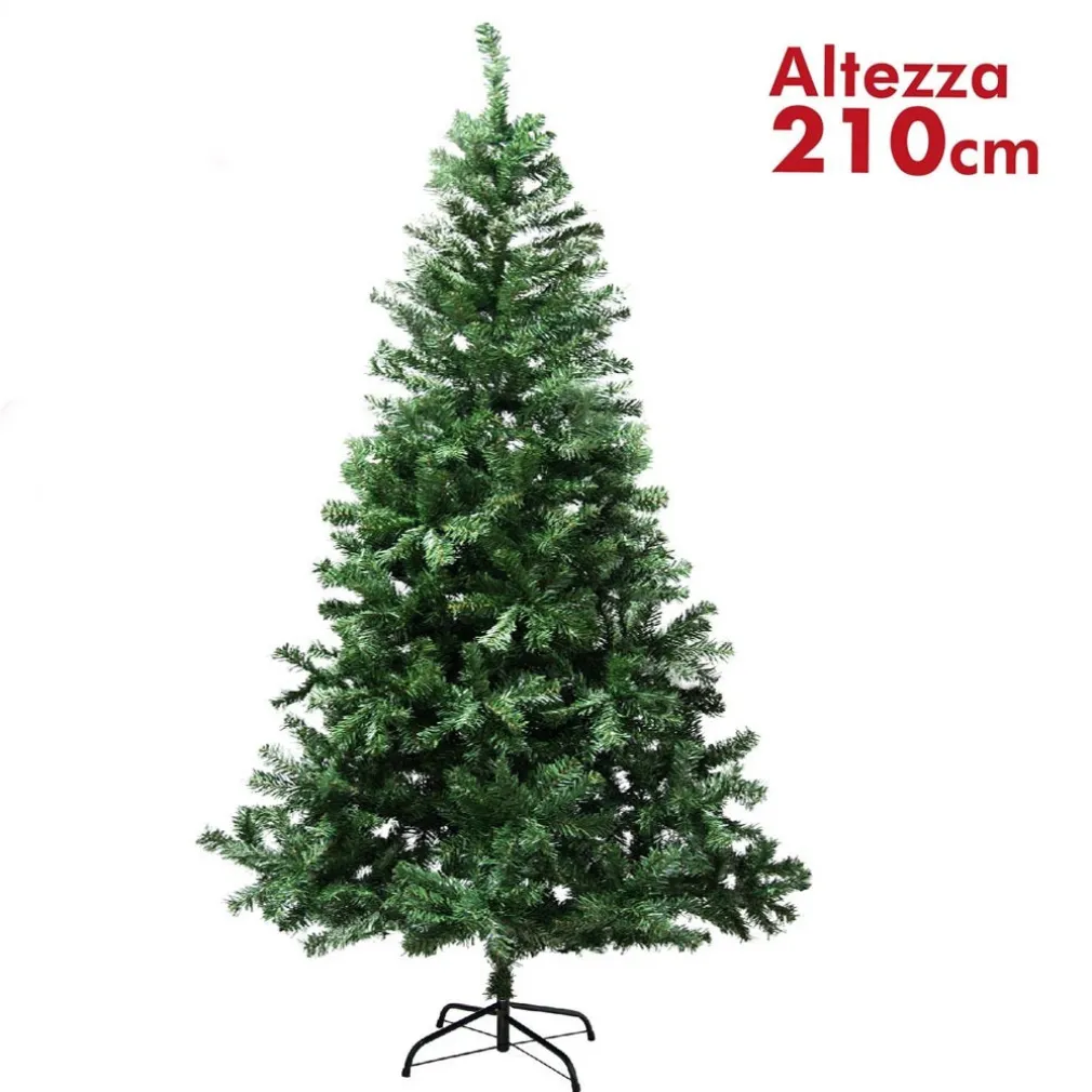 ALBERO DI NATALE 210CM RAMI PINO VERDE SUPER FOLTO BASE A CROCE IN METALLO