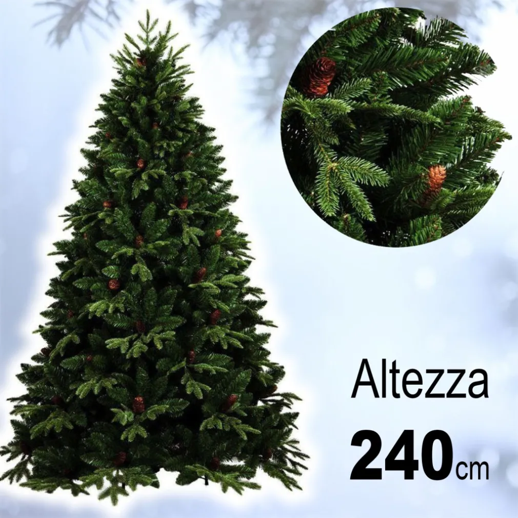 ALBERO DI NATALE FOLTO ARTIFICIALE 240CM VERDE CON PIGNE 1444 RAMI BASE A CROCE