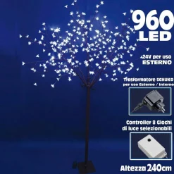 ALBERO DI NATALE LUMINOSO CILIEGIO PER ESTERNO 960 LED H 240 CM BIANCO FREDDO