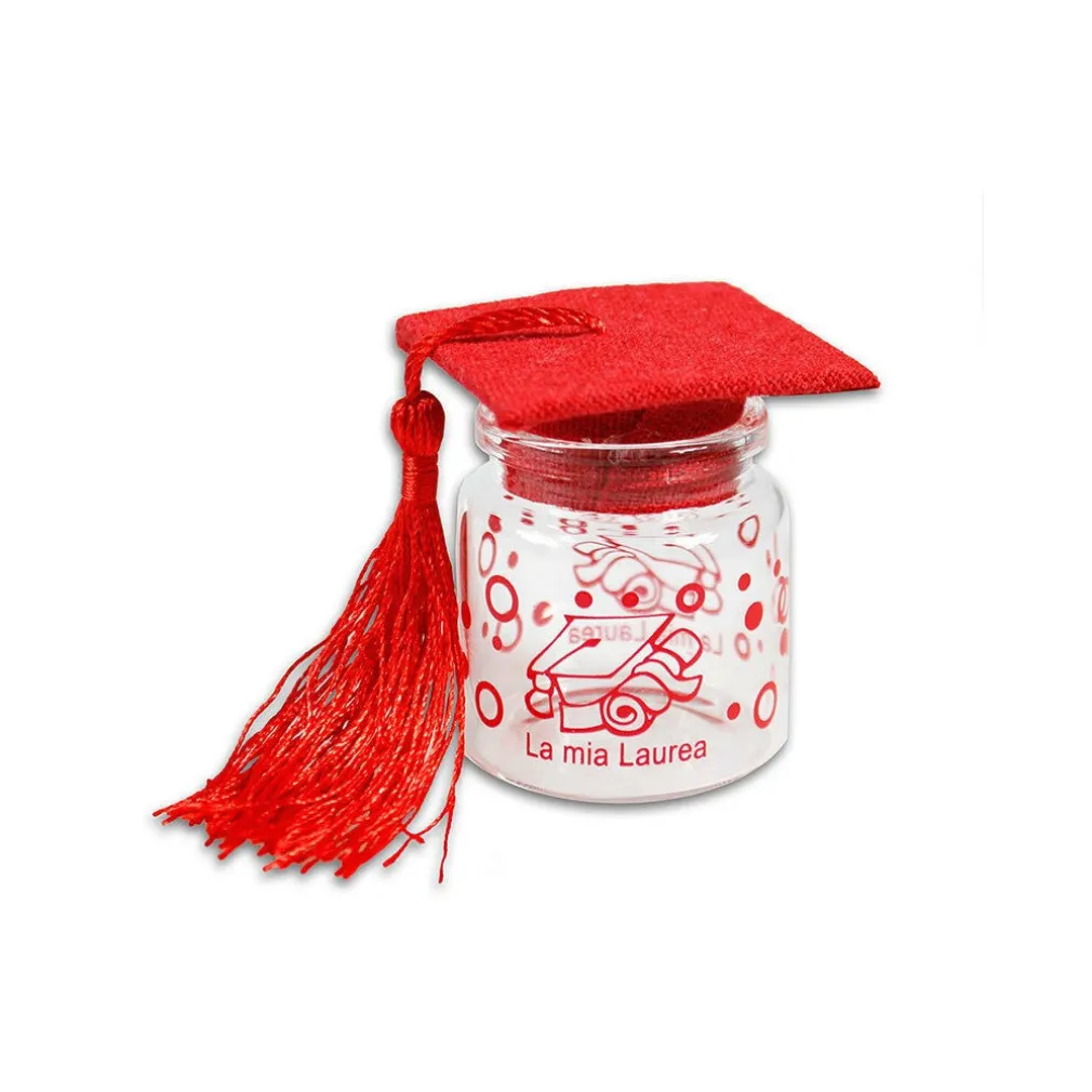 AMPOLLE BARATTOLI IN VETRO CON TAPPO IN SUGHERO BOMBONIERA LAUREA TOCCO ROSSO