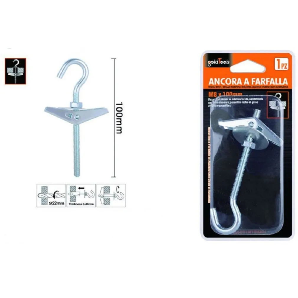 ANCORA A FARFALLA CON GANCIO IN ACCIAIO CON DADO RONDELLA M8X100MM FISCHER 57231