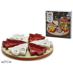 ANTIPASTIERA 6 POSTI CON BASE IN BAMBOO Ø27CM GIREVOLE 6 COPPETTE CERAMICA ALBERI NATALE
