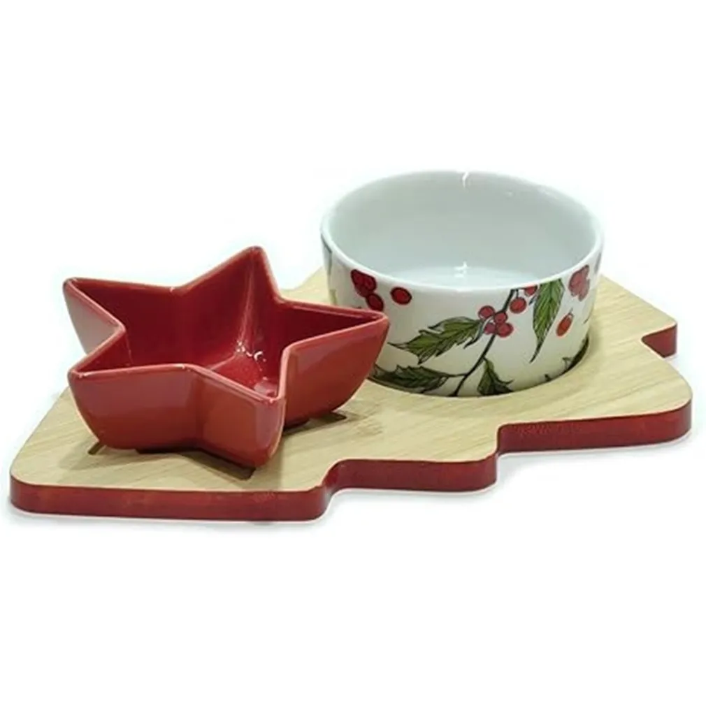 ANTIPASTIERA 2 POSTI CON CIOTOLE IN CERAMICA BASE IN BAMBÙ ALBERO DI NATALE IDEA REGALO