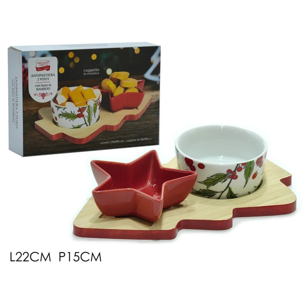 ANTIPASTIERA 2 POSTI CON CIOTOLE IN CERAMICA BASE IN BAMBÙ ALBERO DI NATALE IDEA REGALO