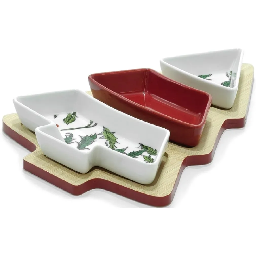 ANTIPASTIERA A 3 SCOMPARTI IN BIANCO ROSSO AGRIFOGLIO ALBERO DI NATALE DECORAZIONE TAVOLA