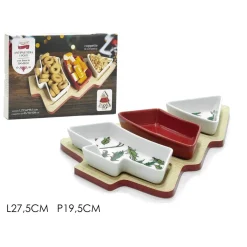 ANTIPASTIERA A 3 SCOMPARTI IN BIANCO ROSSO AGRIFOGLIO ALBERO DI NATALE DECORAZIONE TAVOLA