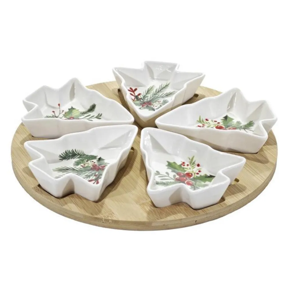 ANTIPASTIERA CON VASSOIO BASE IN BAMBÙ 5 CIOTOLE IN STONEWARE A FORMA DI ALBERO DI NATALE