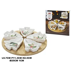 ANTIPASTIERA CON VASSOIO BASE IN BAMBÙ 5 CIOTOLE IN STONEWARE A FORMA DI ALBERO DI NATALE