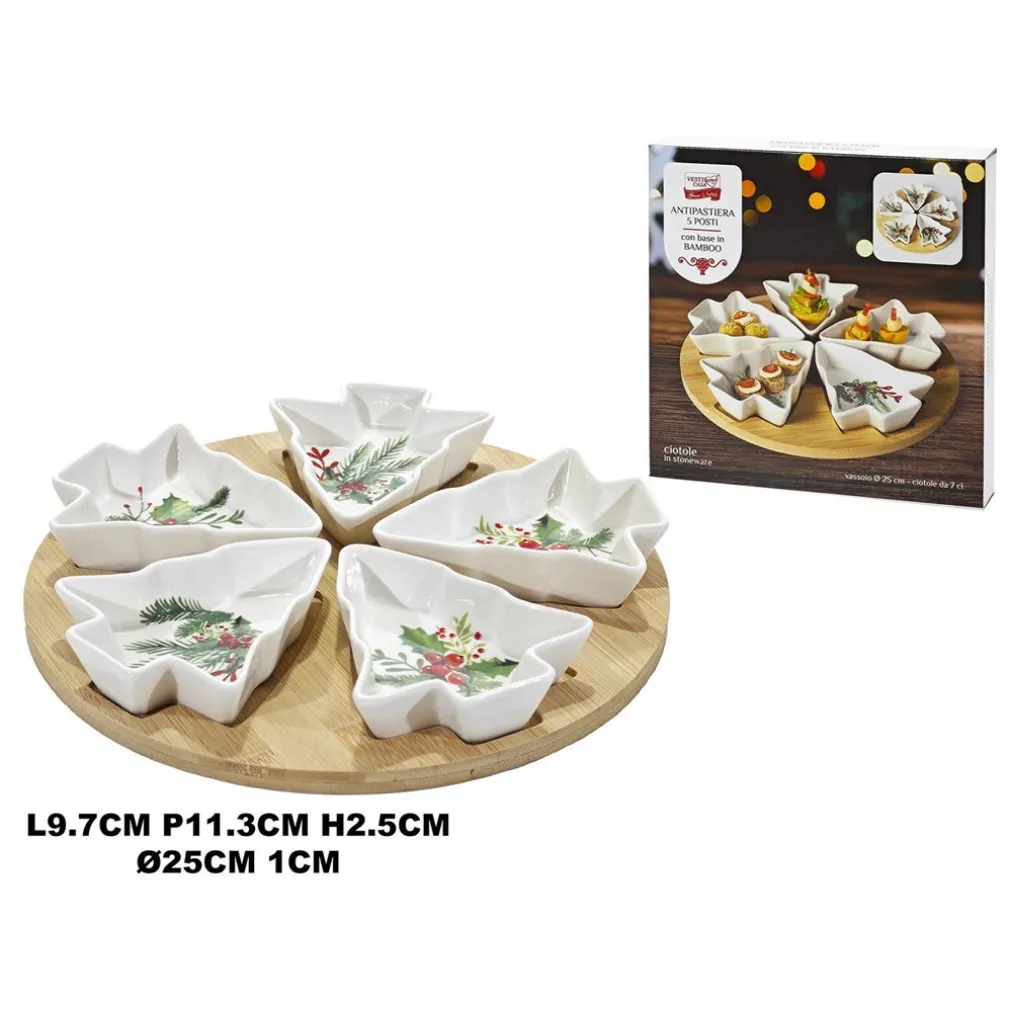 ANTIPASTIERA CON VASSOIO BASE IN BAMBÙ 5 CIOTOLE IN STONEWARE A FORMA DI ALBERO DI NATALE