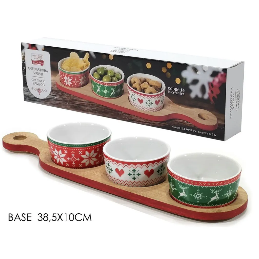 ANTIPASTIERA NATALIZIA 3 COPPETTE CON TAGLIERE BASE IN BAMBOO APERITIVO TAVOLA CUCINA
