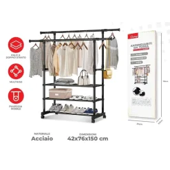 APPENDIABITI DA TERRA STAND CON RUOTE 3 SCOMPARTI PORTAOGGETTI DOPPIO BASTONE A SCOMPARSA