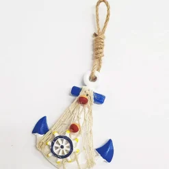 APPENDINO DA PARETE ANCORA TIMONE RETE BLU BIANCO SHABBY MARINO DECORAZIONE